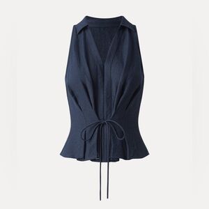 OGL Collared Vneck Pleated Sleeveless Top with Drawstring, Denim Navy size Small